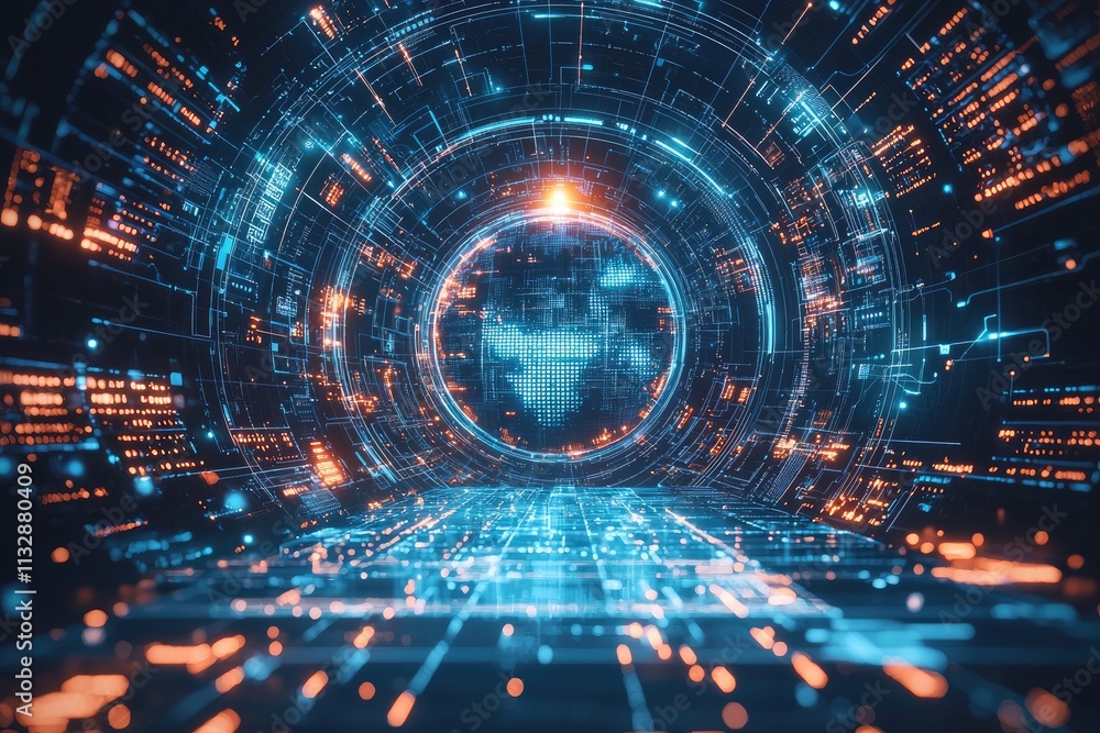 Fototapeta premium Futuristic Digital Interface with Glowing Blue Circuits and Abstract Patterns Representing Technology and Data Flow in Virtual Space