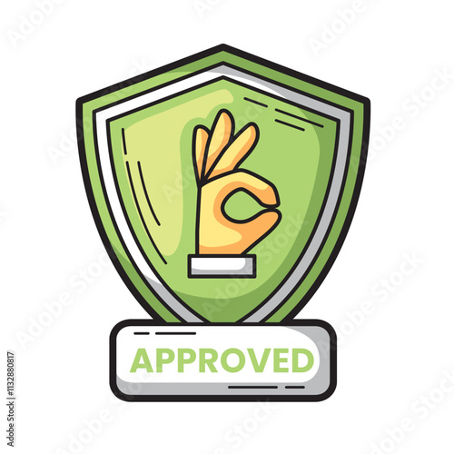 Green shield contains okay hand gesture text says approved. Suitable for web design, business presentations, product packaging, and social media posts