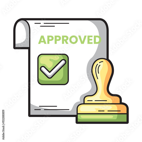 Approved document next to rubber stamp. Suitable for illustrating official approvals, authorized signatures, business contracts, legal agreements, paperwork concepts