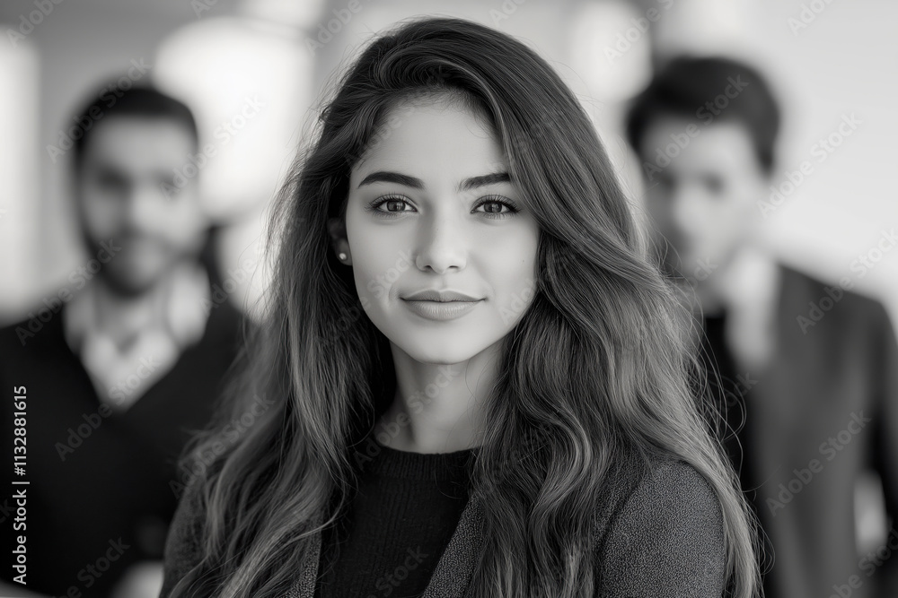 Confident woman posing in front of two colleagues in a professional setting Confident woman posing in front of two colleagues in a professional setting