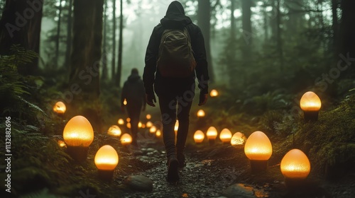 Hikers venture through a dense, mysterious forest trail surrounded by glowing mushrooms, embodying exploration and wonder amidst magical natural surroundings. photo