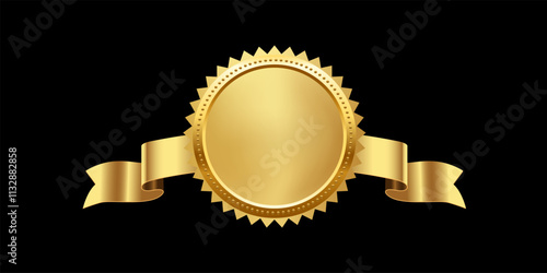 Gold medal with horizontal ribbon vector illustration. 3d realistic golden award isolated on black background. Design element for labels, certificates, badges, winners, sales, discounts, diplomas