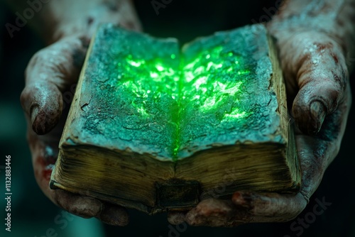 A close-up of clawed hands holding an ancient, cursed book that glows faintly with an eerie green light photo