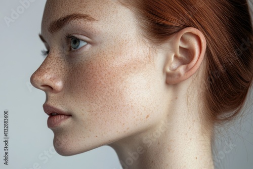 Close-up profile of a young woman with freckles and red hair, showcasing her natural beauty. photo