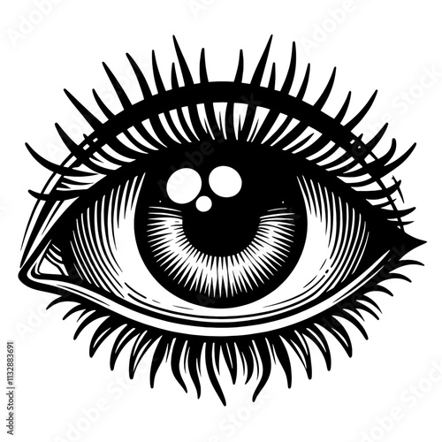 Detailed black and white illustration of a human eye with long lashes.