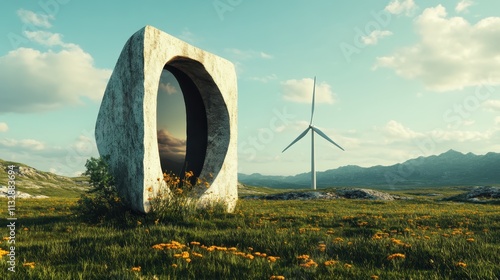 This abstract image displays a colossal stone structure with a geometric opening, standing in the middle of a vibrant meadow adorned with flowers and rolling hills. photo