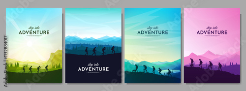 Vector illustration. Set of landscapes with a group of hikers climbing, equipped with backpacks and walking sticks. Concept of adventure, discovery, and exploring nature. Design for poster, cover