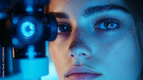 Young woman undergoing an eye examination with specialized equipment photo