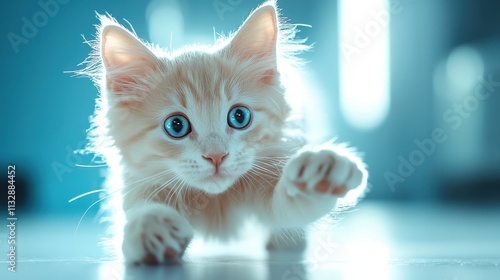 An adorable kitten with wide, curious eyes reaches out its paw playfully, surrounded by a soft glow, conveying innocence and a sense of playful exploration. photo