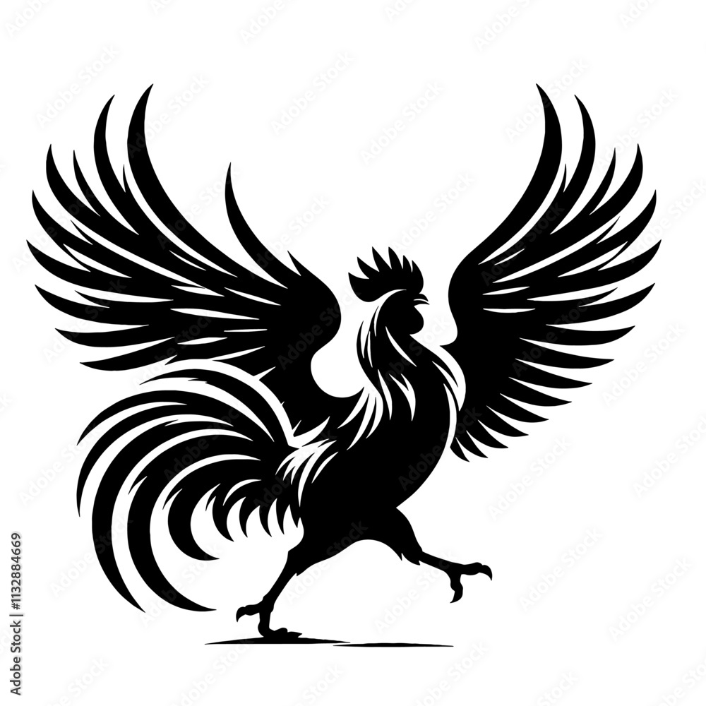 Fototapeta premium Black silhouette rooster with wings spread.