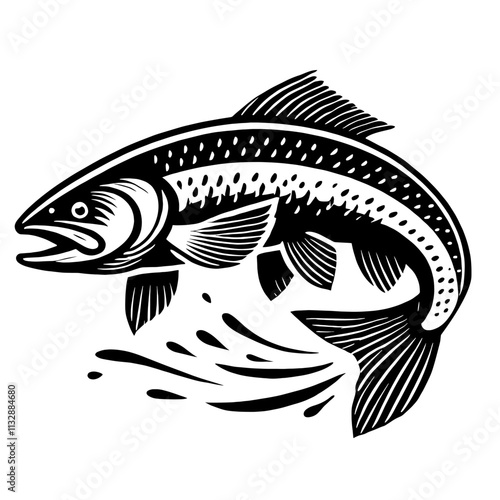 Black and white illustration of a leaping trout.
