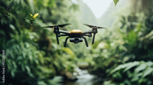 A sleek drone with yellow accents silently hovers amidst vibrant green foliage in a dense jungle, showcasing advanced technology blending with nature's beauty. photo