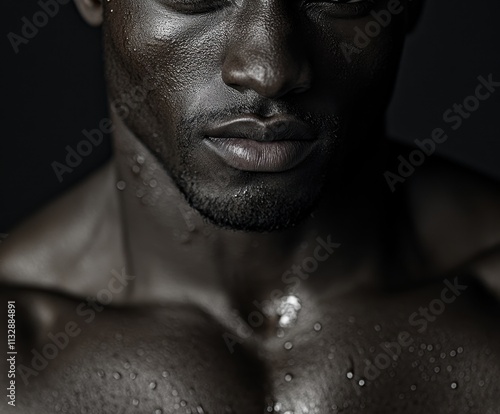 Close-up portrait of athletic man with glistening skin highlighting strength and focus