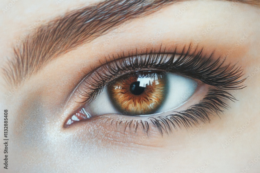 Obraz premium Close-up of a hazel eye with long dark lashes and well-defined eyebrows.