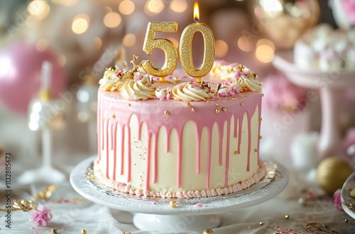 50 Year Birthday cake with candles