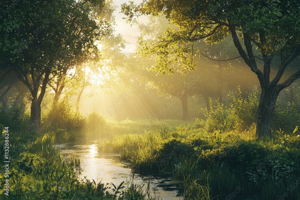 Fototapeta premium Serene Nature Landscape with Sunlight Filtering Through Trees by Tranquil Stream in Vibrant Green Forest During Golden Hour