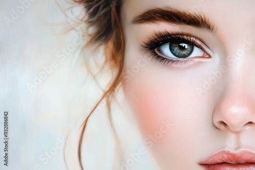 Close-up portrait of a woman's eye and cheek, showcasing soft, flawless skin and delicate features.