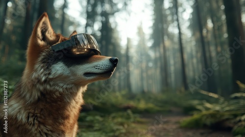 A fox, adorned with a sleek virtual reality headset, navigates the dense forest, illustrating an imaginative blend of the animal kingdom and digital tech escapades. photo