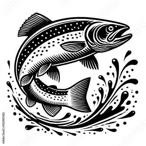 Leaping trout in black and white ink style.