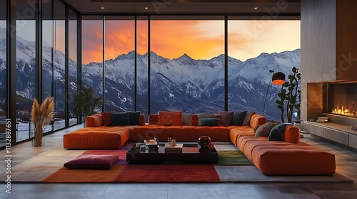 A chic artistic hotel living room with colorful modular furniture, dramatic lighting fixtures, and a panoramic window showcasing an expansive mountain range under a golden sunset,
