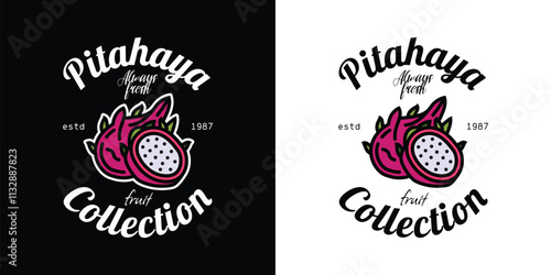 Emblem collection of fruits. Pitahaya. Original vector illustration in vintage style. T-shirt design.