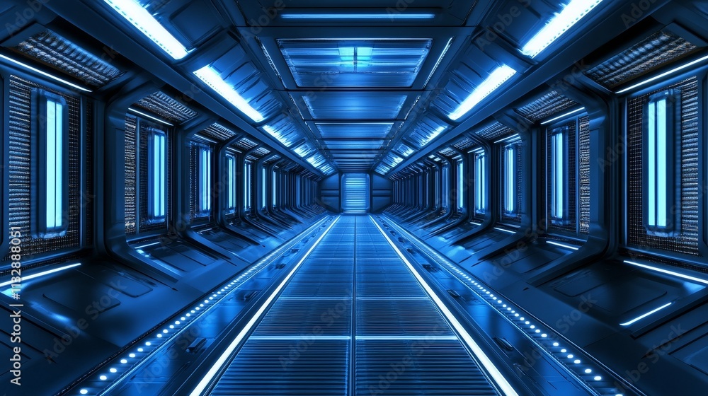 Fototapeta premium A futuristic, illuminated corridor with sleek, metallic walls and blue lighting.