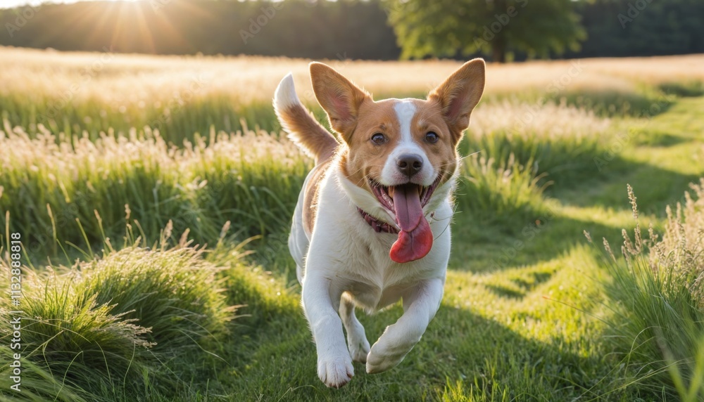 Εκτύπωση καμβά Playful dog running freely through a grassy, sunlit field with its tongue out an