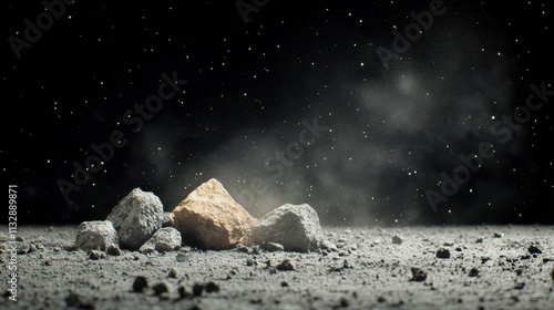 Several rocks on a gray, dusty lunar surface are shown with a starry cosmic background, depicting the desolation and serenity of the moon's landscape. photo