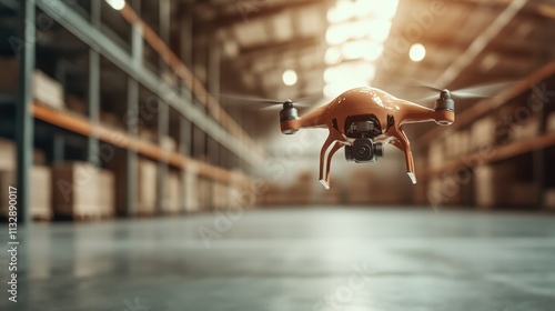 An orange drone deftly maneuvers through a spacious warehouse environment, capturing the essence of innovation and efficiency in high-tech logistics solutions. photo