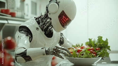 A humanoid robot intensely concentrates on creating a gourmet salad in a professional kitchen, emphasizing technological precision and futuristic culinary skills. photo