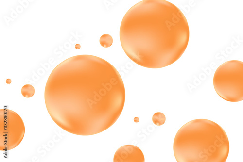 Glowing liquid brown 3D bubbles or fluid droplets isolated on transparent background. Aesthetic composition for cosmetology, beauty science, skin care molecular concept.