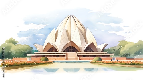 Lotus temple celebrating india independence day, watercolor painting