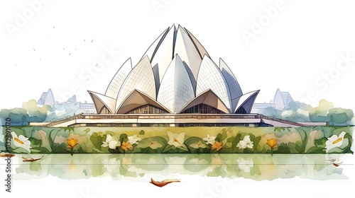 Lotus temple celebrating india independence day, watercolor painting