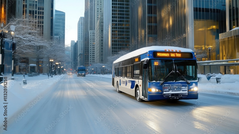 Fototapeta premium Snow-covered streets and city bus at sunrise