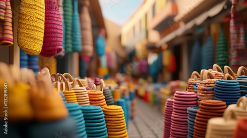 A vibrant market scene filled with colorful woven baskets, showcasing a variety of shapes and hues, creating a lively and inviting atmosphere. photo