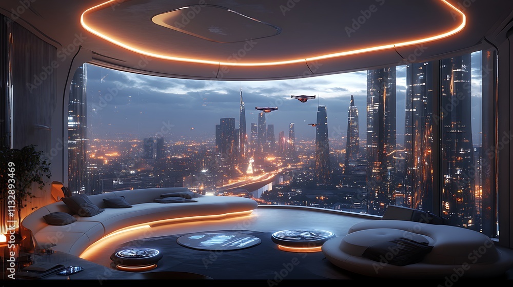 Obraz premium A luxury hotel living room with curved smart furniture, holographic controls embedded in surfaces, metallic accents,