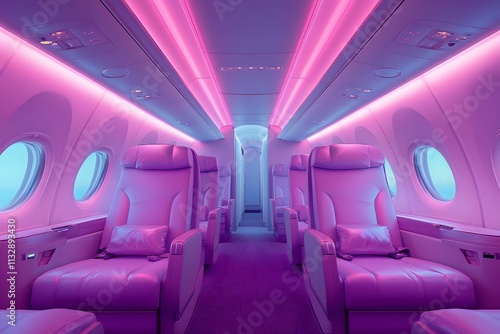 Empty private jet cabin interior with pink neon lighting. Luxury aircraft seats in magenta and purple colors. First class travel experience with modern design. Business aviation concept photo