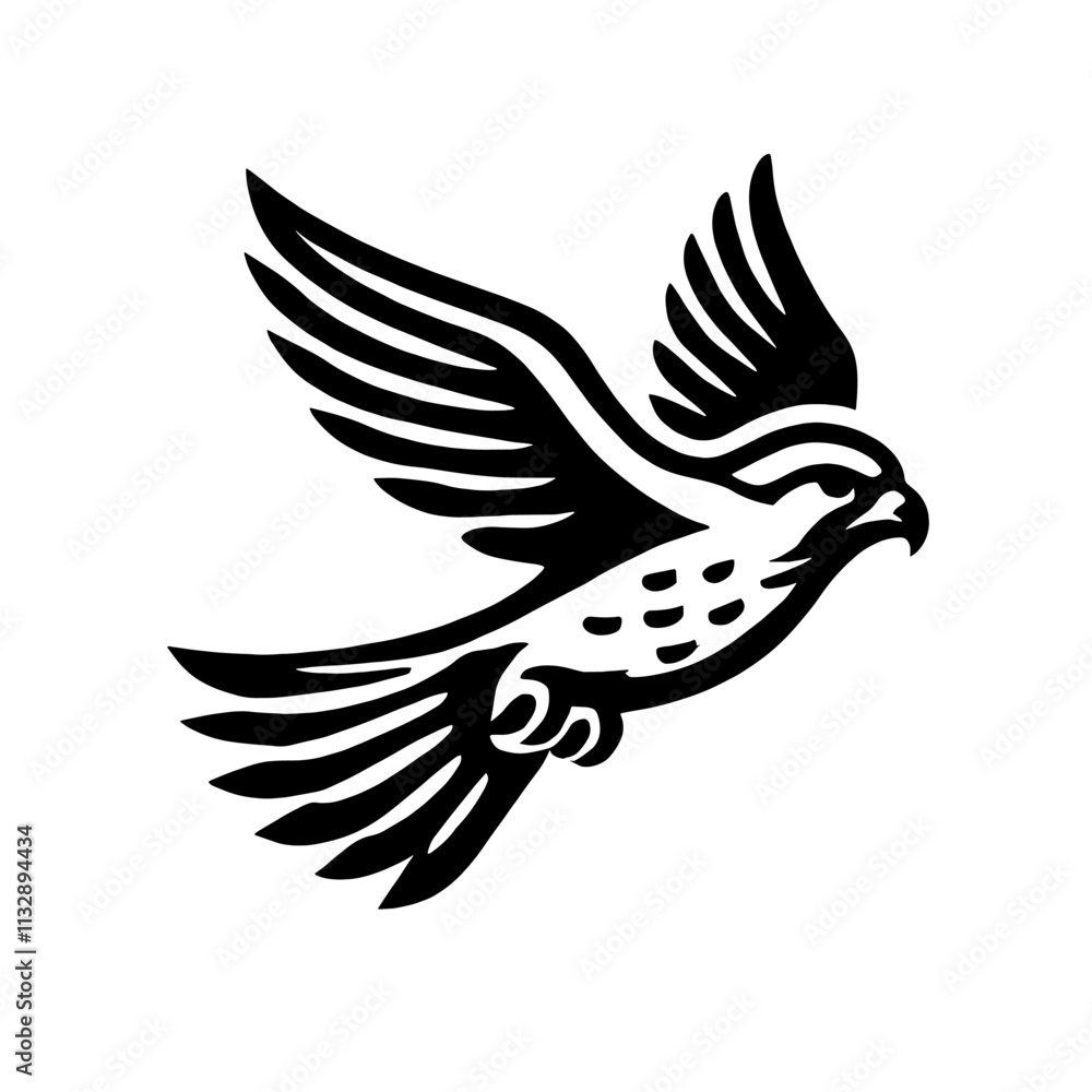 Obraz premium Black and white illustration of a falcon in flight.