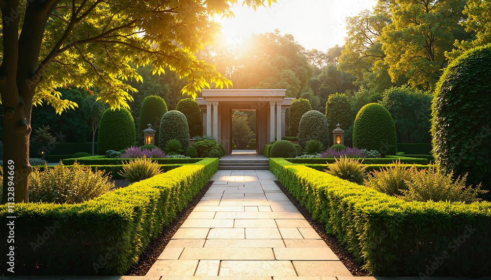 Fototapeta premium Beautiful landscaped garden pathway with sunlight and trimmed hedges leading to a serene structure