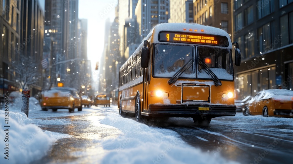 Fototapeta premium Snowy city street with bus passing by under sunlight