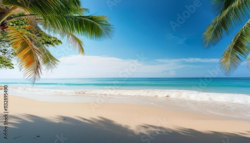 the website banner design features a minimalist style a spacious beach themed background soft tones gentle waves in the distance and coconut trees at the edges creating a calm and clean space