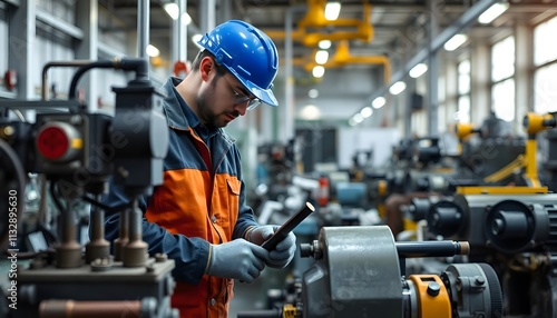 Engineer Wearing Safety Gear Working in a Modern Industrial Facility photo