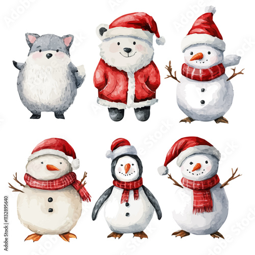 Watercolor snowman holding a candy cane – charming Christmas and New Year illustration, illustration snowman in winter, snowman set collection, vector snowman set collection, snowman animals