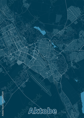 A detailed map of Aktobe, Kazakhstan, rendered in a minimalist style. The map features a dark teal background with white lines representing roads and streets. photo