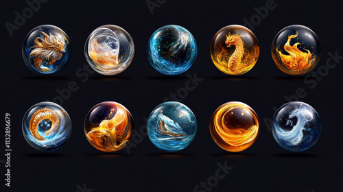 Elemental Orbs: A Collection of twelve mystical orbs, each encapsulating a unique elemental power.  These digital assets are perfect for game design, fantasy art. photo