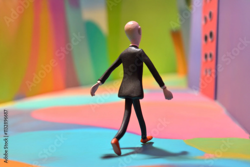 A claymation figure in a black suit strolling down a whimsically colorful street, conveying a sense of adventure and curiosity, akin to a playful dream. photo