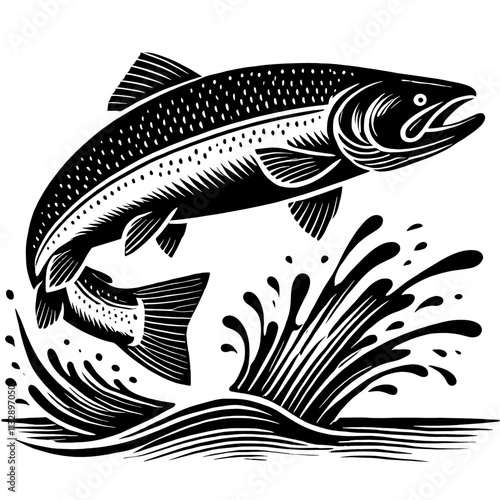 Jumping trout in monochrome style.