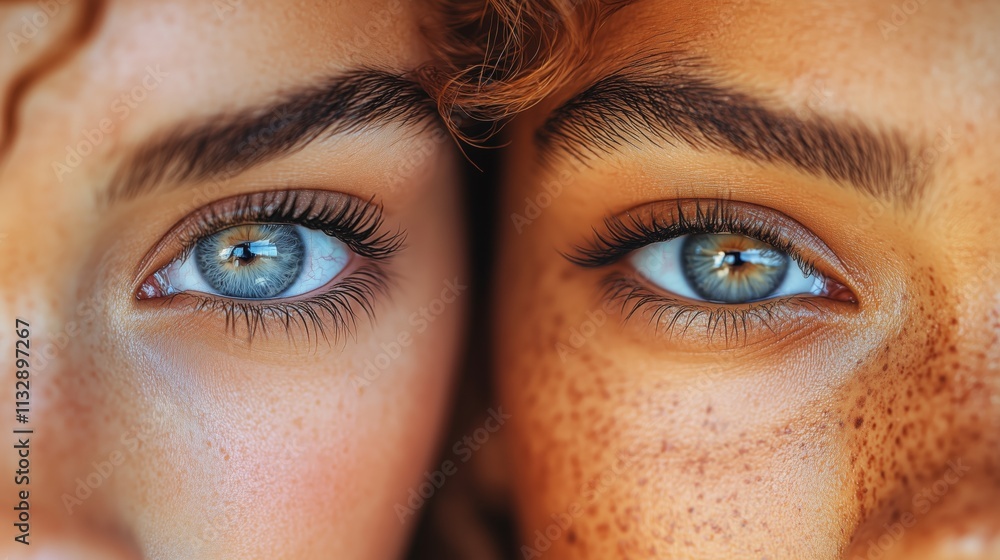 Naklejka premium Extreme Close-Up of Two Friends' Blue Eyes with Freckled Skin