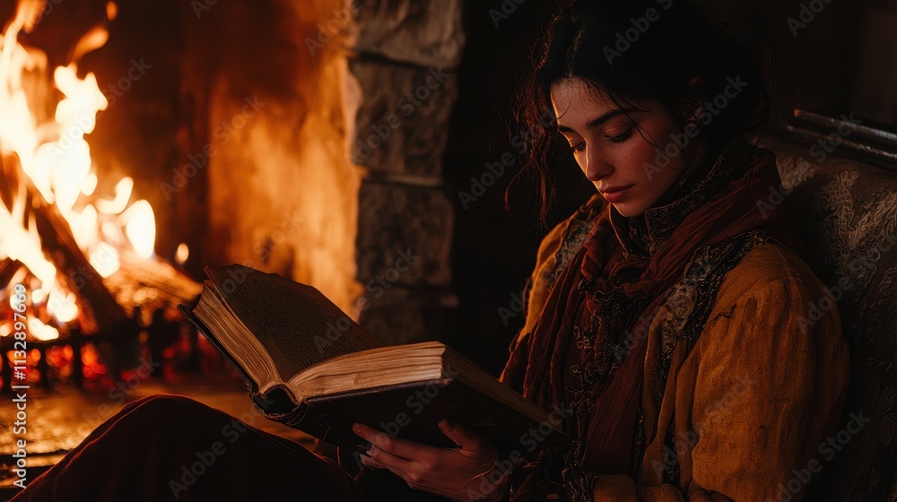 Fototapeta premium Person Reading a Book by a Cozy Fireplace in a Warm Setting