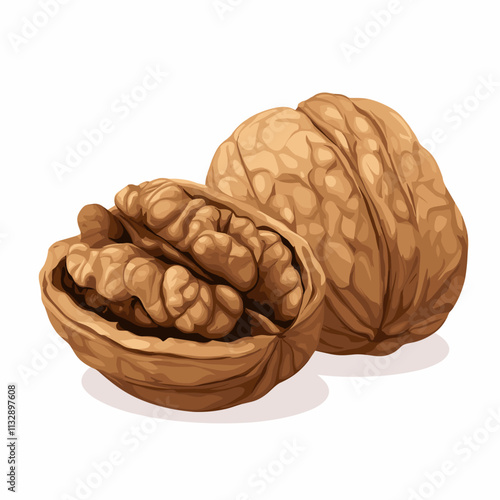 Walnut Dry nut vector illustration with walnut kernel nuts isolated on white background